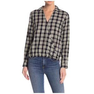 Madewell wrap front shirt blouse plaid print black and white size XS